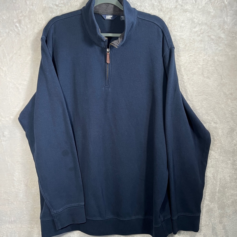 Lands End Mens XXL Tall Blue Quarter Zip Long Sleeve Pullover Sweatshirt *flaw